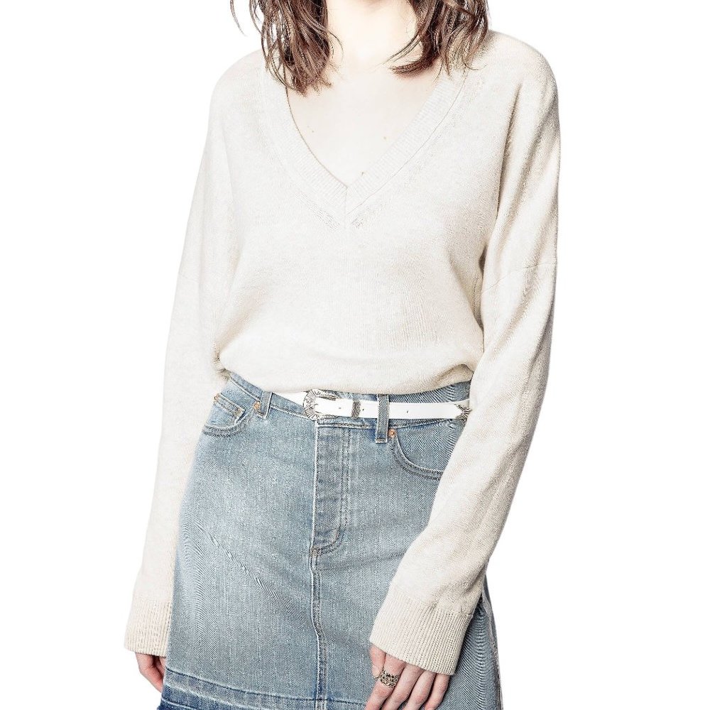 Zadig & Voltaire Brumy Knit Cotton V Neck Sweater Ecru XS